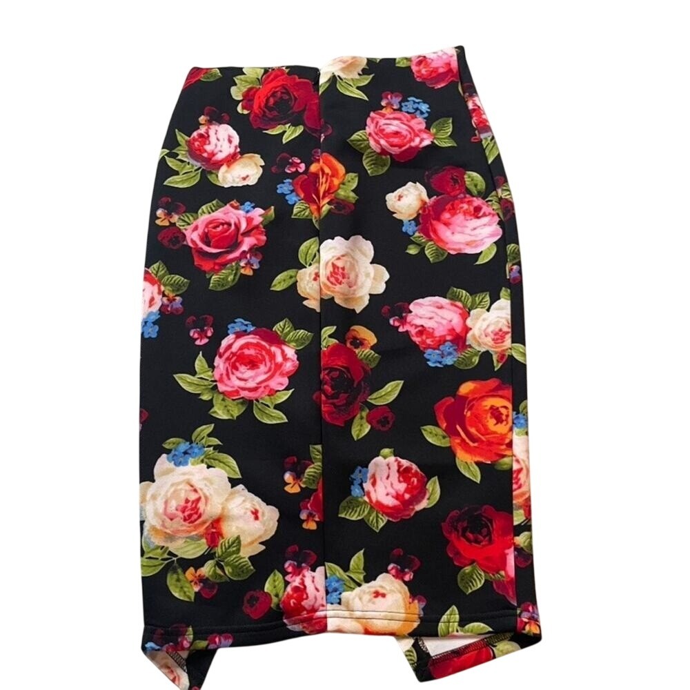 GUESS Floral Print‎ Pencil Skirt Black Red Pink Roses Tulip Slit Size S